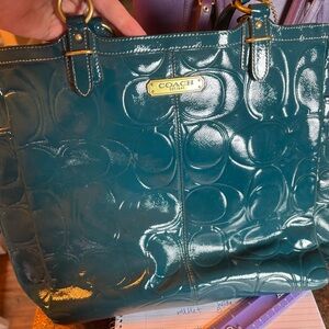 Coach Teal Embossed Leather Tote Bag
